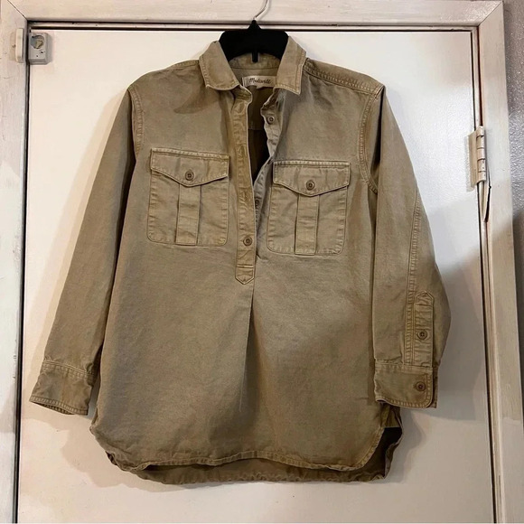 Madewell Pop Over Shirt Utility Military Tunic Oversized Long Line Tan Ash Green - Picture 5 of 13